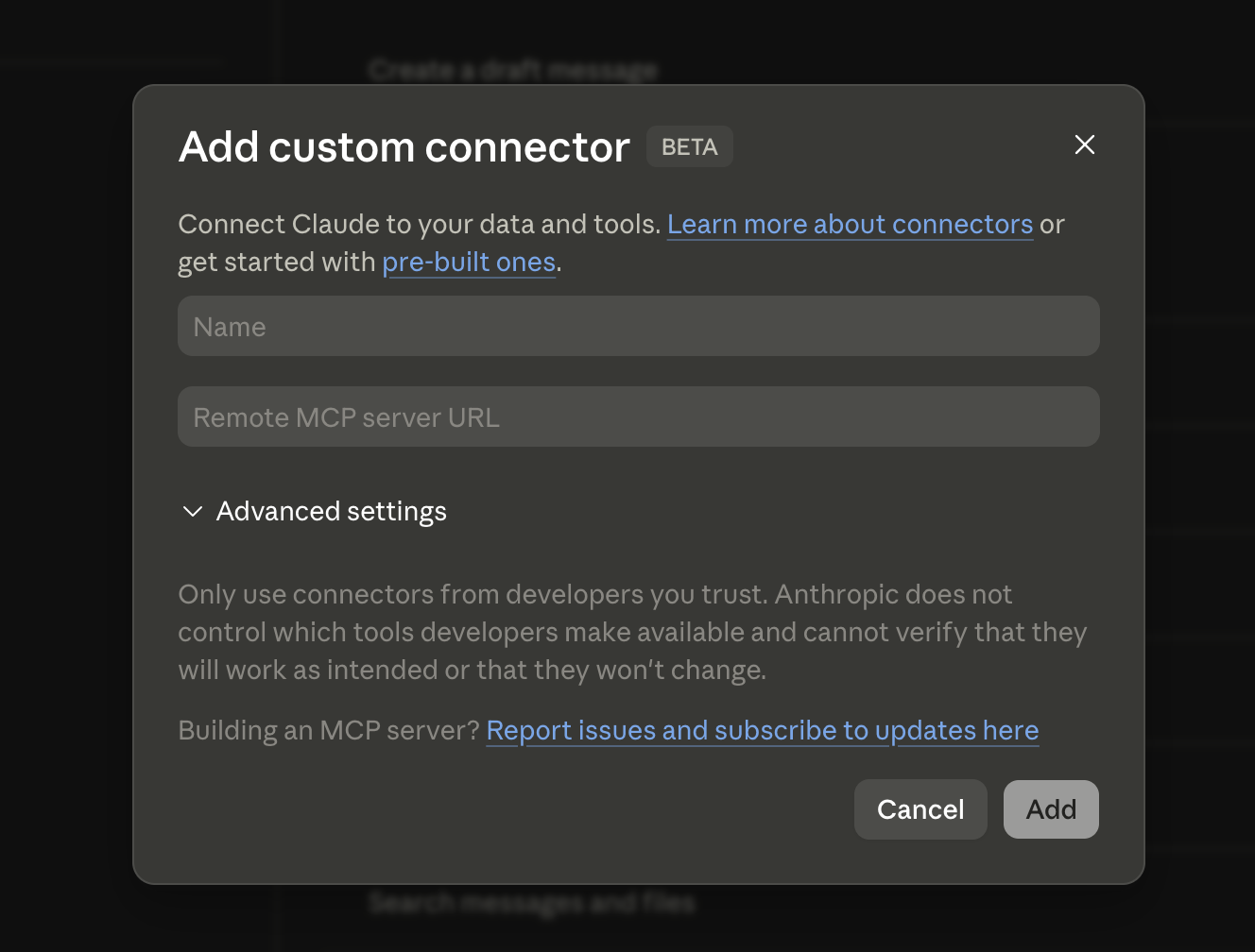 Claude's Add custom connector dialog