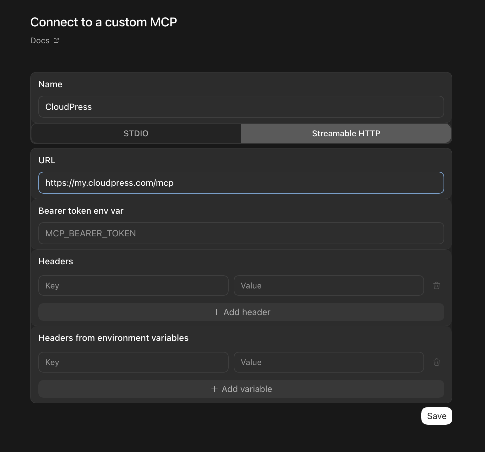 Codex's Connect to a custom MCP form